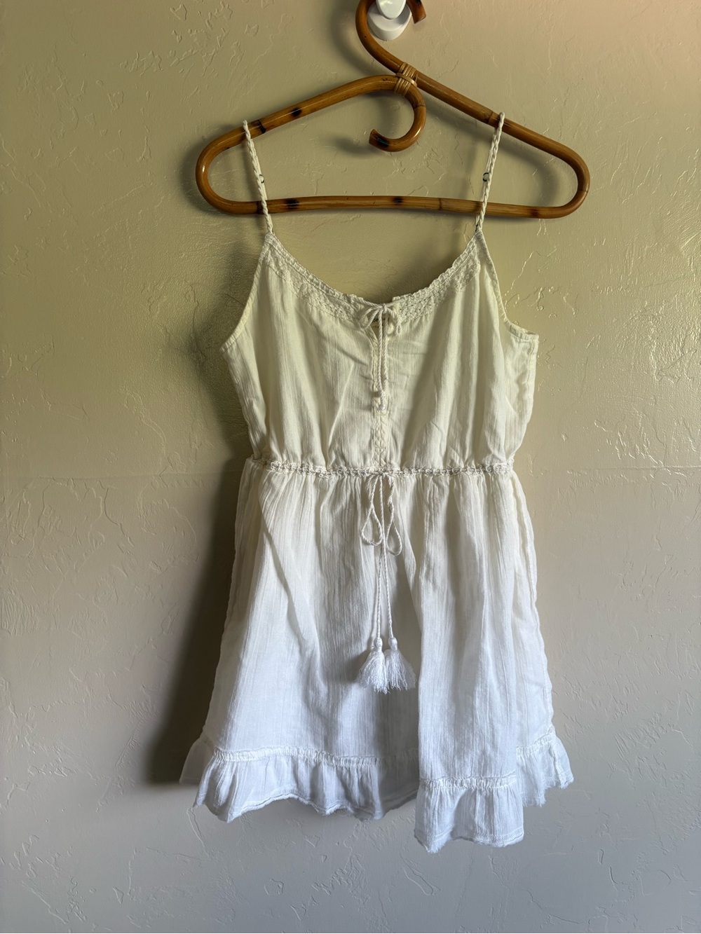 Aerie 100% Cotton Off White Boho Cottage Cinch Waist Tie Mini Summer Dress M